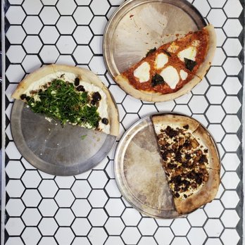 Grata’s Pizzeria - The three pizzas we ate (Maise e Tartufo, Margherita, and Balsamica) - Pizza Near Me - Austin, Texas