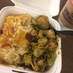 San Mateo hospital cafeteria lunch sides: Brussel sprouts and potato, tasty and affordable