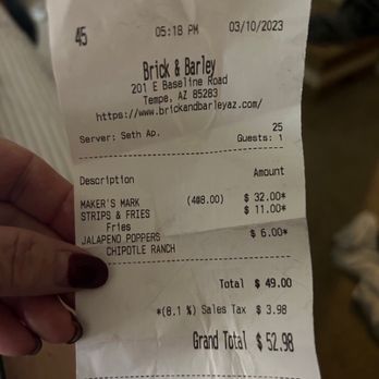 Brick & Barley - Receipt - Sports Bars Near Me - Tempe, Arizona Brick & Barley - Receipt - Sports Bars Near Me - Tempe, Arizona