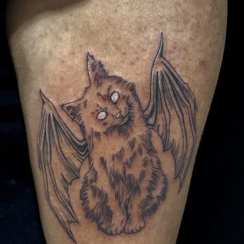 Shaky Needle - Cat w/ Bat Wings by Shakes - Tattoo Near Me - Baytown, Texas Shaky Needle - Cat w/ Bat Wings by Shakes - Tattoo Near Me - Baytown, Texas