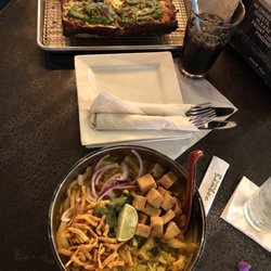 Pangea Kitchen - Tofu Kao Soi (hold the egg half) and Three Fungi Detroit Style half pizza. All vegetarian, all yummy!