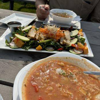 Le Moulin A Cafe - Seafood gumbo and salad with chicken - French Near Me - Charlo, New Brunswick