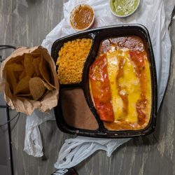 Barcenas Mexican Grill - Tex Mex beef enchiladas, complimentary red, green salsas and chips