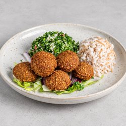 Zaytona Grill - Crispy homemade falafel platter served with a chioce of 2 sides. E.g.  rice, fresh tabbouleh-a satisfying vegetarian Mediterranean meal!