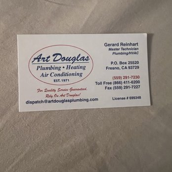 Art Douglas Plumbing - This is the technicians card. - Plumbing Near Me - Fresno, California Art Douglas Plumbing - This is the technicians card. - Plumbing Near Me - Fresno, California