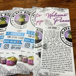 Menus for Playa Bowls! Great choices plus menu in blackboard is extensive!