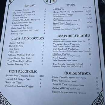 Mulleady's Irish Pub - Drink menu - Irish Pub Near Me - Seattle, Washington