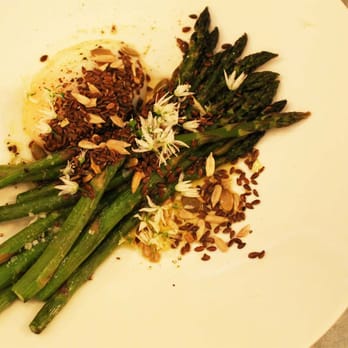 Silo - Asparagus, slow-cooked egg yolk, garlic flower at Silo, Brighton, UK - Bakeries Near Me - North Laine, BNH