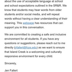 Island Creek Elementary School - Email to Island Creek Elem. families regarding a second incident of racial slurs directed at children of color.