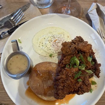 Paperboy East - Chicken and biscuit with gravy on the side - Coffee & Tea Near Me - Austin, Texas