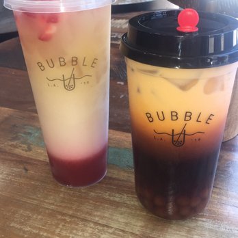 Bubble University - left: strawberry sunrise with oat milk  right: thai tea with oat milk + golden boba - Bubble Tea Near Me - Roseville, California