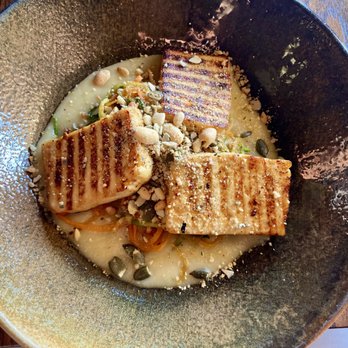 Rushton Hall Hotel & Spa - Grilled smoked tofu with carrot and cucmber, and a miso sauce. - Hotels Near Me - Rushton, NTH