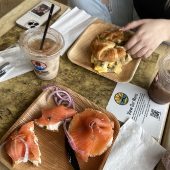 Java Surf Cafe & Espresso Bar - The Frank Sandwich and Chai Tea Latte. And my friend made her Create Your Own Breakfast Sandwich with Hazelnut Latte - Breakfast & Brunch Near Me - Virginia Beach, Virginia