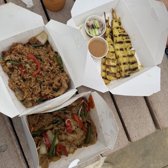 Star of Siam - Fried rice dish, drunken noodle with beef, and the chicken satay. - Thai Near Me - Soquel, California