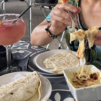 El Mirasol - Queso fundido and a Frozen Sangria margarita. - Mexican Near Me - San Antonio, Texas