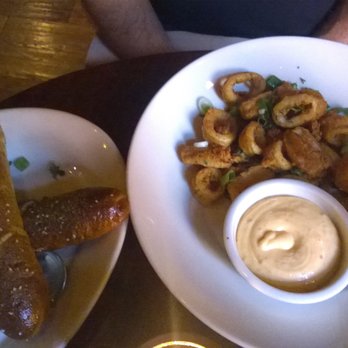 Three OAK Steakhouse - Bavarian Pretzels on the left and Fried Calamari on the right. - Steakhouses Near Me - Easton, Pennsylvania Three OAK Steakhouse - Bavarian Pretzels on the left and Fried Calamari on the right. - Steakhouses Near Me - Easton, Pennsylvania