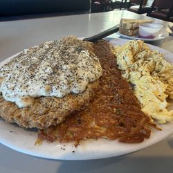 11oz chicken fried steak 2 eggs hash browns and 1 piece of toast.