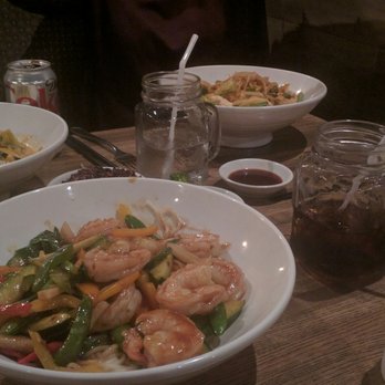 Roots - Shrimp Thai basil close, shrimp Thai coconut away left, chicken Thai basil center away, and some sort of chicken bowl on the right. - Asian Fusion Near Me - Princeton, New Jersey