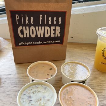 Pike Place Chowder - 4-Cuo Chowder Sampler (New England Clam Chowder, Crab & Oyster Chowder, Seafood Bisque, Smoked Salmon Chowder) - Seafood Near Me - Seattle, Washington Pike Place Chowder - 4-Cuo Chowder Sampler (New England Clam Chowder, Crab & Oyster Chowder, Seafood Bisque, Smoked Salmon Chowder) - Seafood Near Me - Seattle, Washington