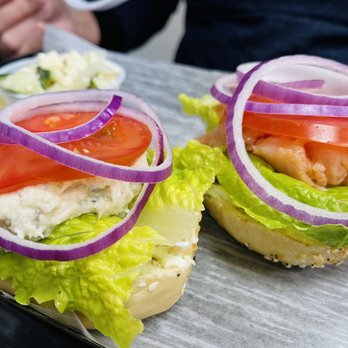 Greenfields NY Deli & Bagels - The Larry David Special - nova and whitefish on an everything bagel - Bakeries Near Me - Greensboro, North Carolina