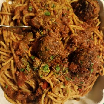A Live Kitchen - A takeout plate full of spaghetti with 3 little meatballs. - Vegan Near Me - Laurelton, New York A Live Kitchen - A takeout plate full of spaghetti with 3 little meatballs. - Vegan Near Me - Laurelton, New York