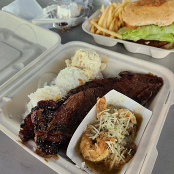 Ted's Bakery - 2-meat mixed plate option with bbq short ribs and garlic shrimp ($21.99) - Bakeries Near Me - Haleiwa, Hawaii