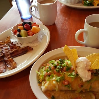 Spices Cafe - Smothered sausage burrito with fruit and bacon dude - American Near Me - Denver, Colorado