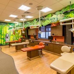 Pediatric Dentistry & Orthodontics - Open bay treatment area with fun safari theme and tv's above every chair!