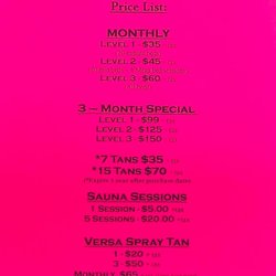 Bombshell's Tanning Salon - Current Price List