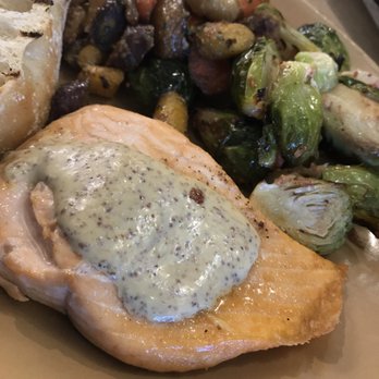 Urban Plates - Salmon with honey mustard sauce, sautéed brussel sprouts and sauteed beets with carrots - New American Near Me - Dublin, California Urban Plates - Salmon with honey mustard sauce, sautéed brussel sprouts and sauteed beets with carrots - New American Near Me - Dublin, California