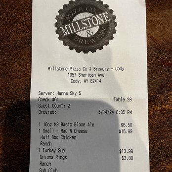 Millstone Pizza Company & Brewery - Our receipt - Breweries Near Me - Cody, Wyoming Millstone Pizza Company & Brewery - Our receipt - Breweries Near Me - Cody, Wyoming
