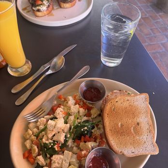 Snooze, an A.M. Eatery - Tofu Scramble  Basil & The Bee Burrata Toast Mimosa - Breakfast & Brunch Near Me - Phoenix, Arizona