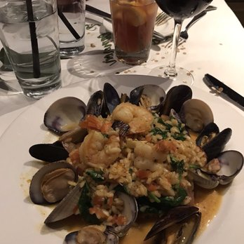 Cafe Santorini - Red Curry Risotto with Seafood with a glass of sangria. - Italian Near Me - Pasadena, California