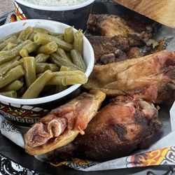 Wings, green beans, baked potato salad, and toast