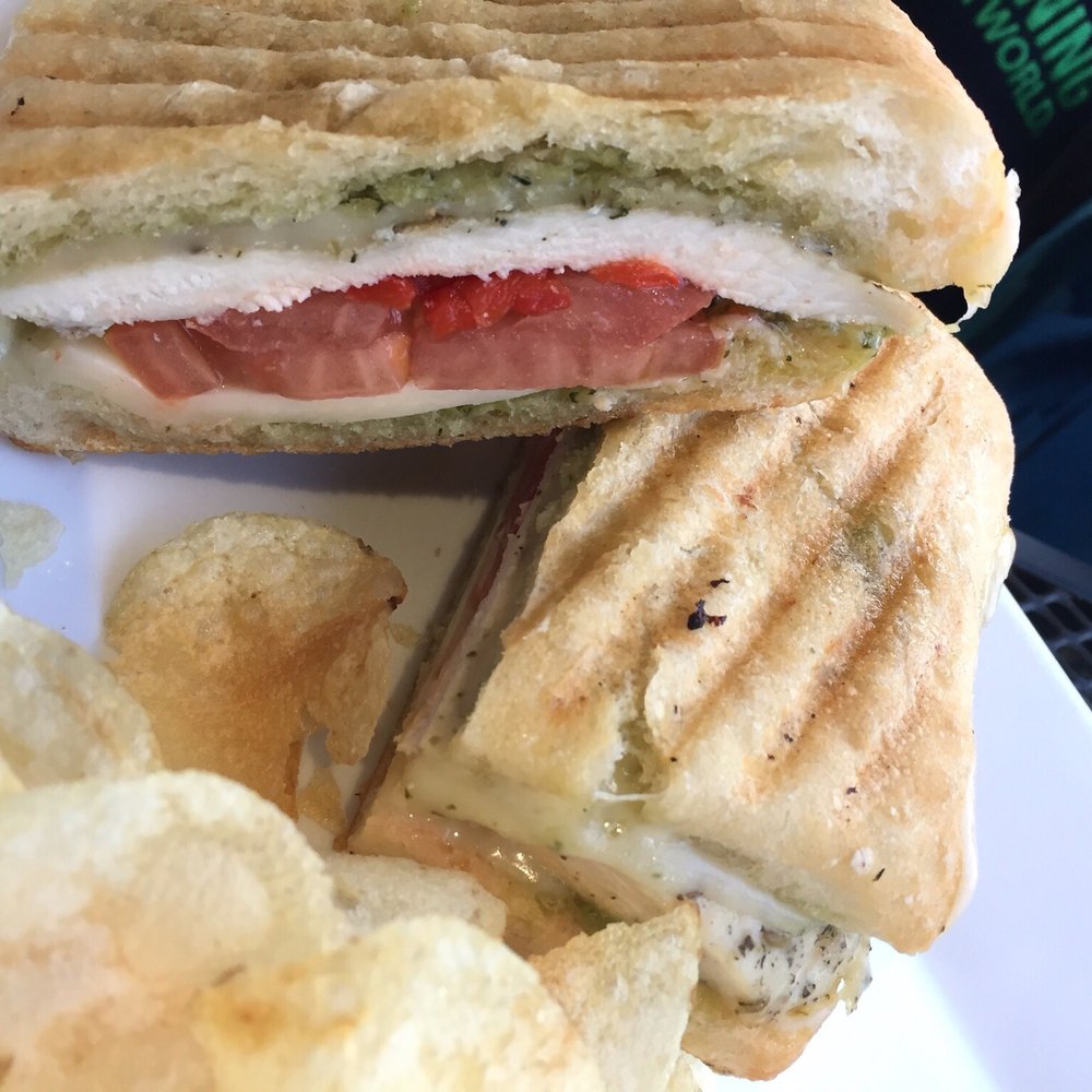 Dulce Cafe - Basil-Pesto Chicken Panini with chips - Coffee & Tea Near Me - Durham, North Carolina Dulce Cafe - Basil-Pesto Chicken Panini with chips - Coffee & Tea Near Me - Durham, North Carolina
