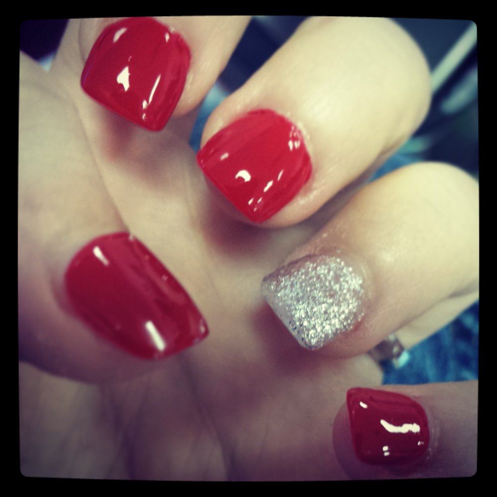 My nails! Red with a silver glitter accent nail. My nails! Red with a silver glitter accent nail.