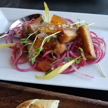 Prime Cut Steakhouse - Pork belly on top of a bed of watermelon radish, and chutney. - Steakhouses Near Me - Jamul, California