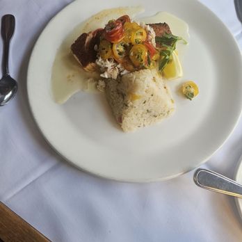 Chart House - Bronzed salmon & crab with mango sticky rice and heirloom tomato relish. Now, this dish here was - Seafood Near Me - Monterey, California