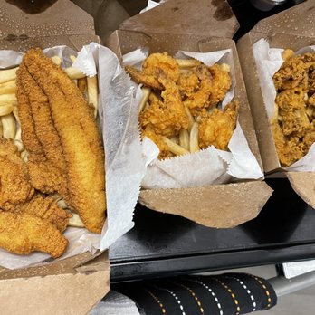 Two Fish Crab Shack - Fried catfish basket, fried shrimp basket, and Fried Oyster Basket - Seafood Near Me - Chicago, Illinois