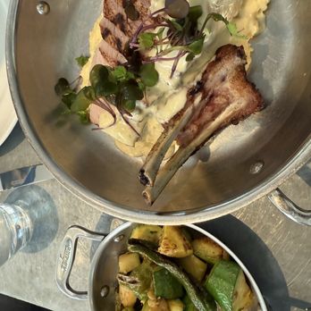 Ad Hoc & Addendum - Pork loin, polenta, microgreens, sautéed squash with shishito peppers - New American Near Me - Yountville, California