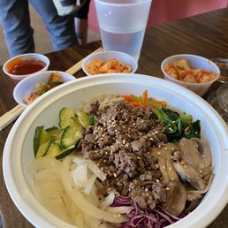 Bibimbap (no egg, obviously) plus all three banchan Bibimbap (no egg, obviously) plus all three banchan