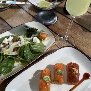 Union New American - Prix Fixe Menu/ Caesar Salad top, House Salad bottom left, Chili Lime Chicken top right, & Salmon Crispy Rice bottom right | 2/9/2026 - New American Near Me - Tampa, Florida