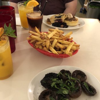 Federal Delicatessen - Side of mushrooms, small order of fries, blueberry pancakes, two golden hours, and one chocolate peanut butter milkshake. - American Near Me - Auckland, AUK Federal Delicatessen - Side of mushrooms, small order of fries, blueberry pancakes, two golden hours, and one chocolate peanut butter milkshake. - American Near Me - Auckland, AUK