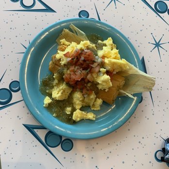 Flo's V8 Cafe - Tamale with egg, green salsa and a little pico. - Cafes Near Me - Anaheim, California