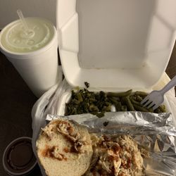 Dawg Gone Good BBQ - Pulled Chicken sandwich, Collard Greens, Green Beans, BBQ sauce and lemonade