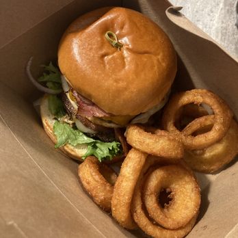Crave Grille - Zombie Burger with $2 onion rings - American Near Me - Vancouver, Washington