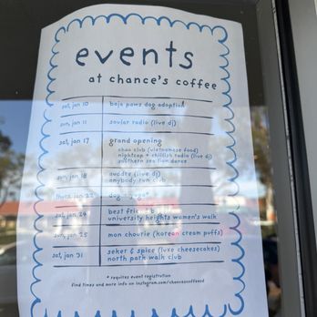Chance’s Coffee - January 2026 Events - Coffee & Tea Near Me - San Diego, California Chance’s Coffee - January 2026 Events - Coffee & Tea Near Me - San Diego, California