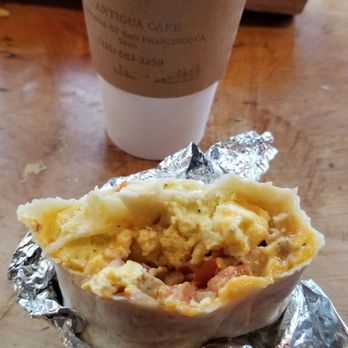 Antigua Coffee Shop - Breakfast burrito with sausage and horchata latte - Coffee & Tea Near Me - San Francisco, California