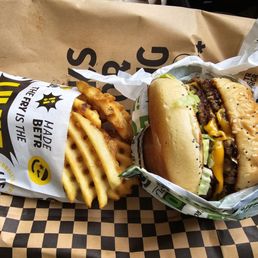 Double burger and waffle fries