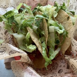 Chicken tacos (hard shell), lettuce, pico de Gallo, guacamole and lettuce.